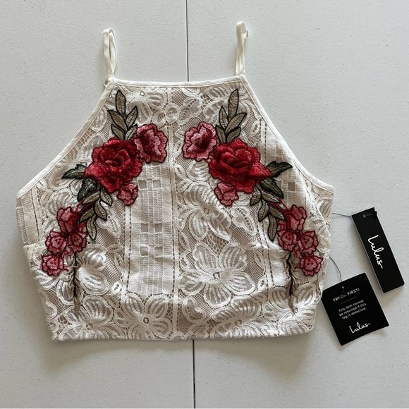 Lulus Tops - NWT Lulu's Floral Embroidered Roses on Lace High Neck Crop/Bra Top Sz M